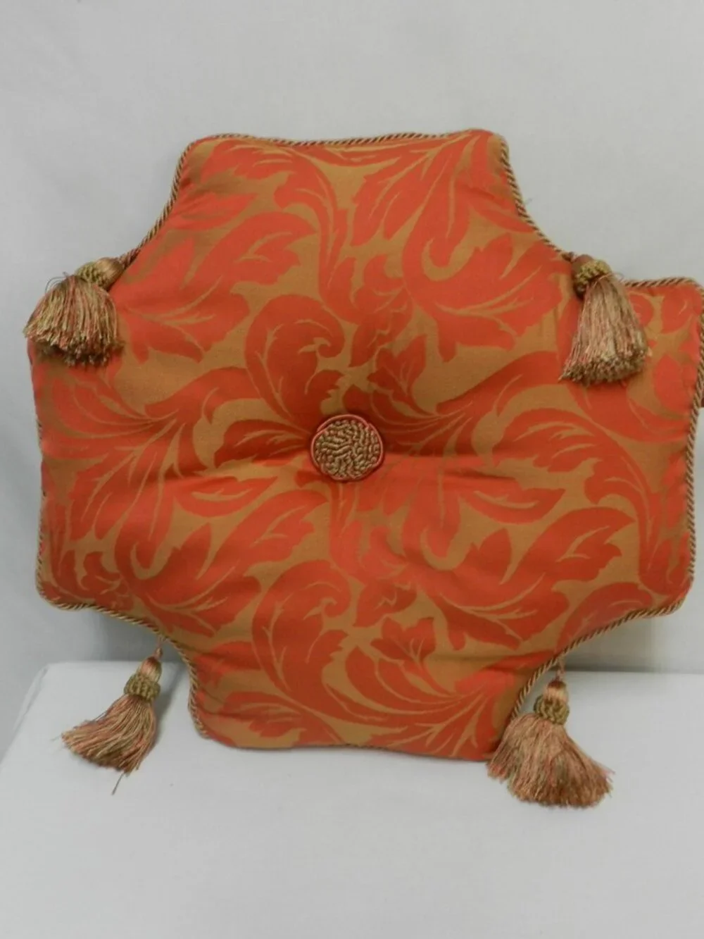 Serendipity Demask Throw Pillow Set 3 w/ tassels orange brown velvet back Decor